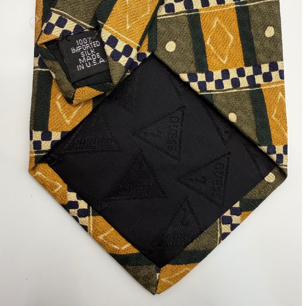 Guess Silk Tie OS Vintage 90s Geometric Diamond Checkered Mustard Olive Navy - Picture 6 of 7